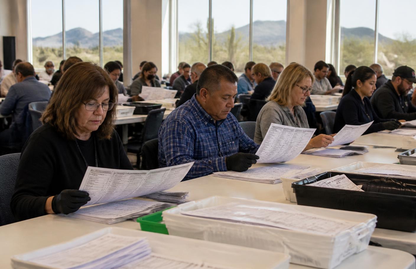 County election workers reviewing paper ballots at a tabulation center