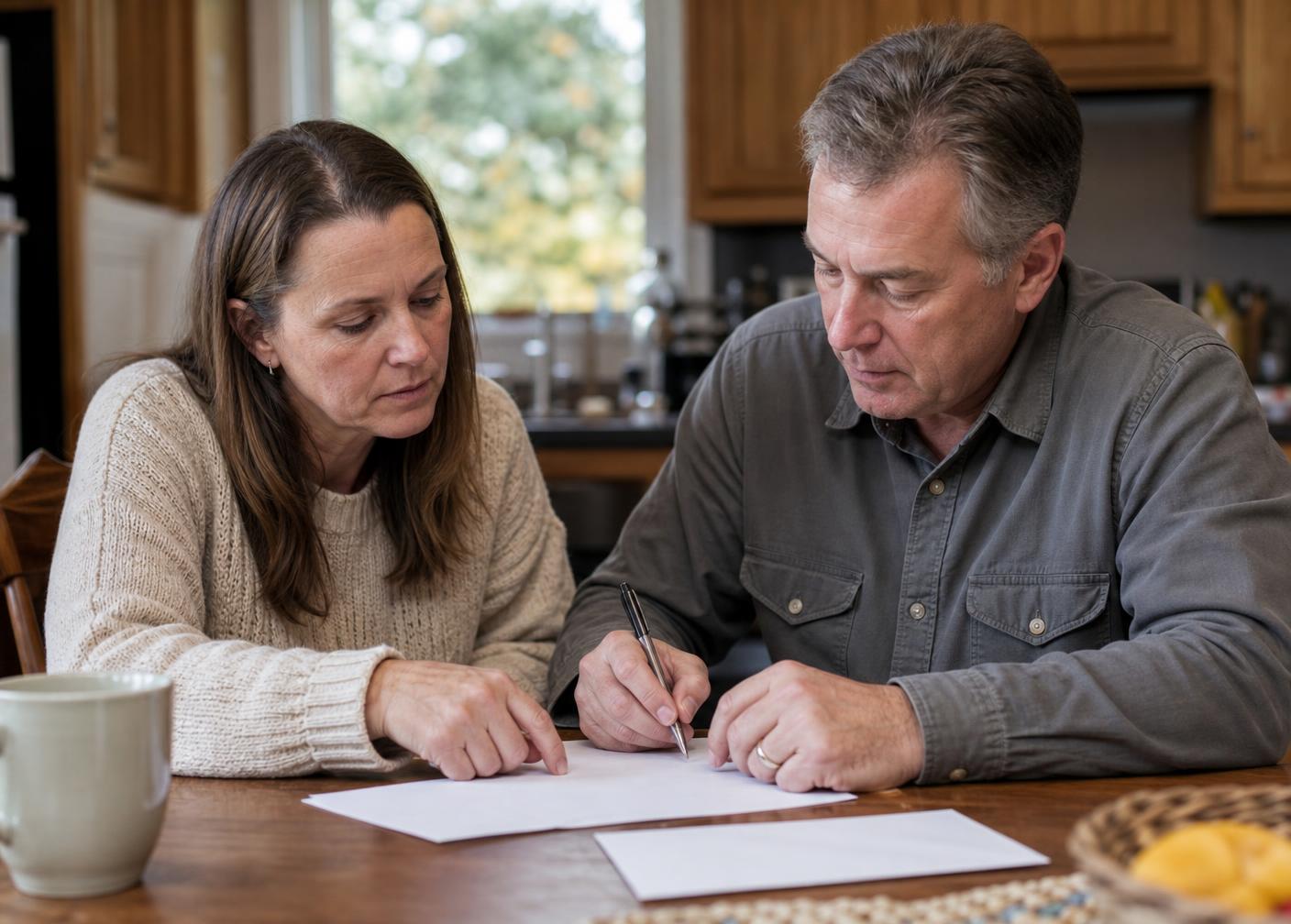 An Arizona family signing an early mail-in ballot envelope at their kitchen table