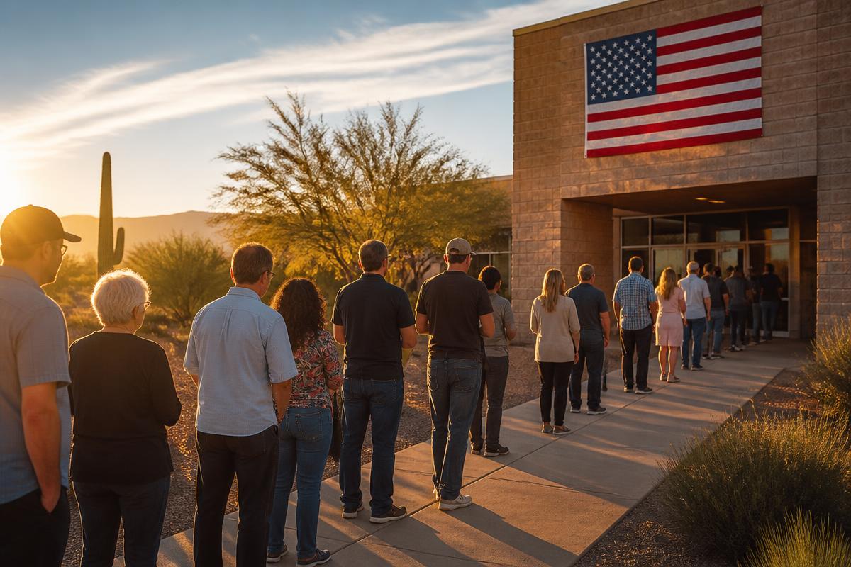Voters waiting in line outside an Arizona polling place at golden hour